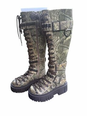 Dolls Kill Green/Brown Camouflage Lace-Up Platform Over-The-Knee Boots